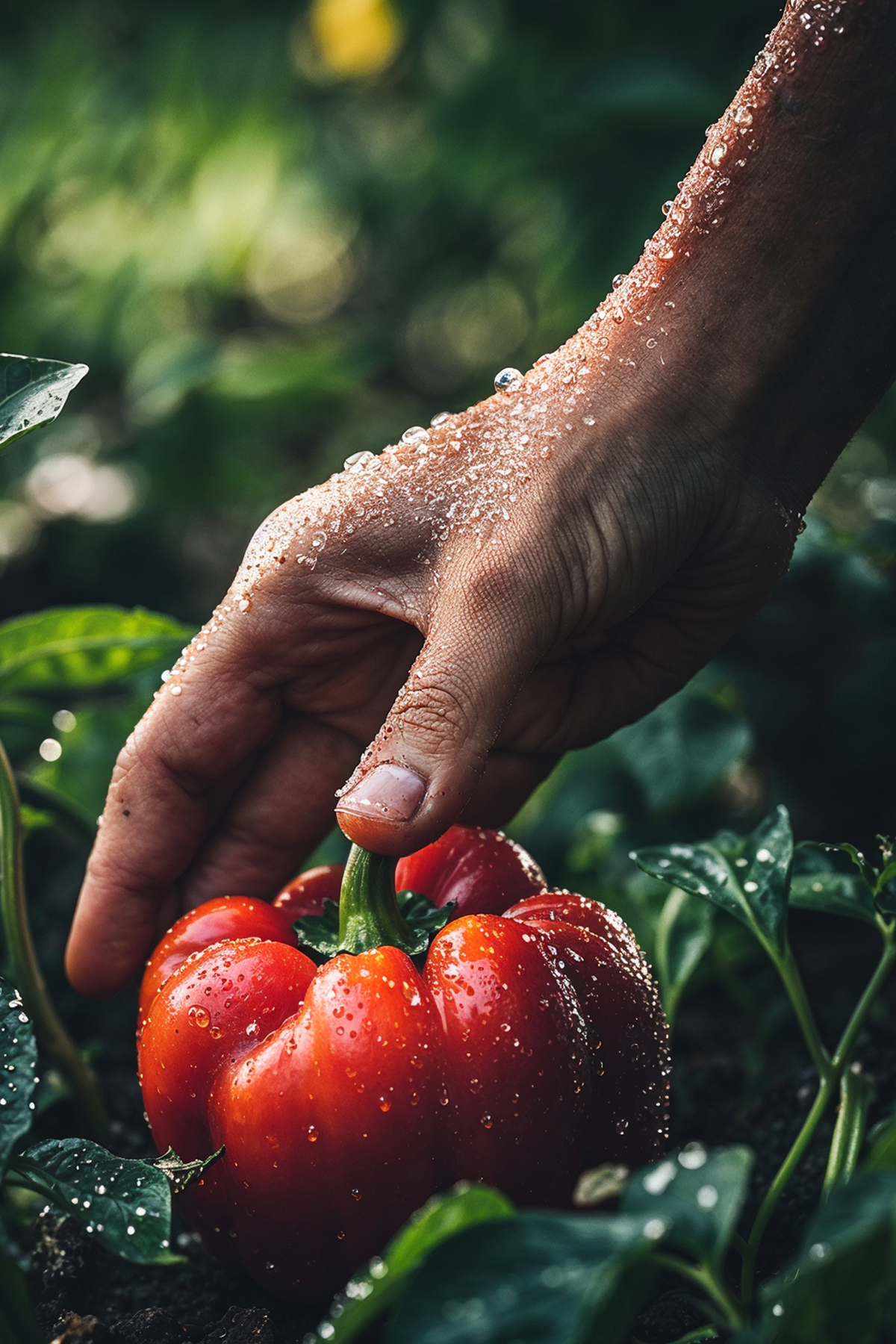 Hand über großer Paprika im Beet