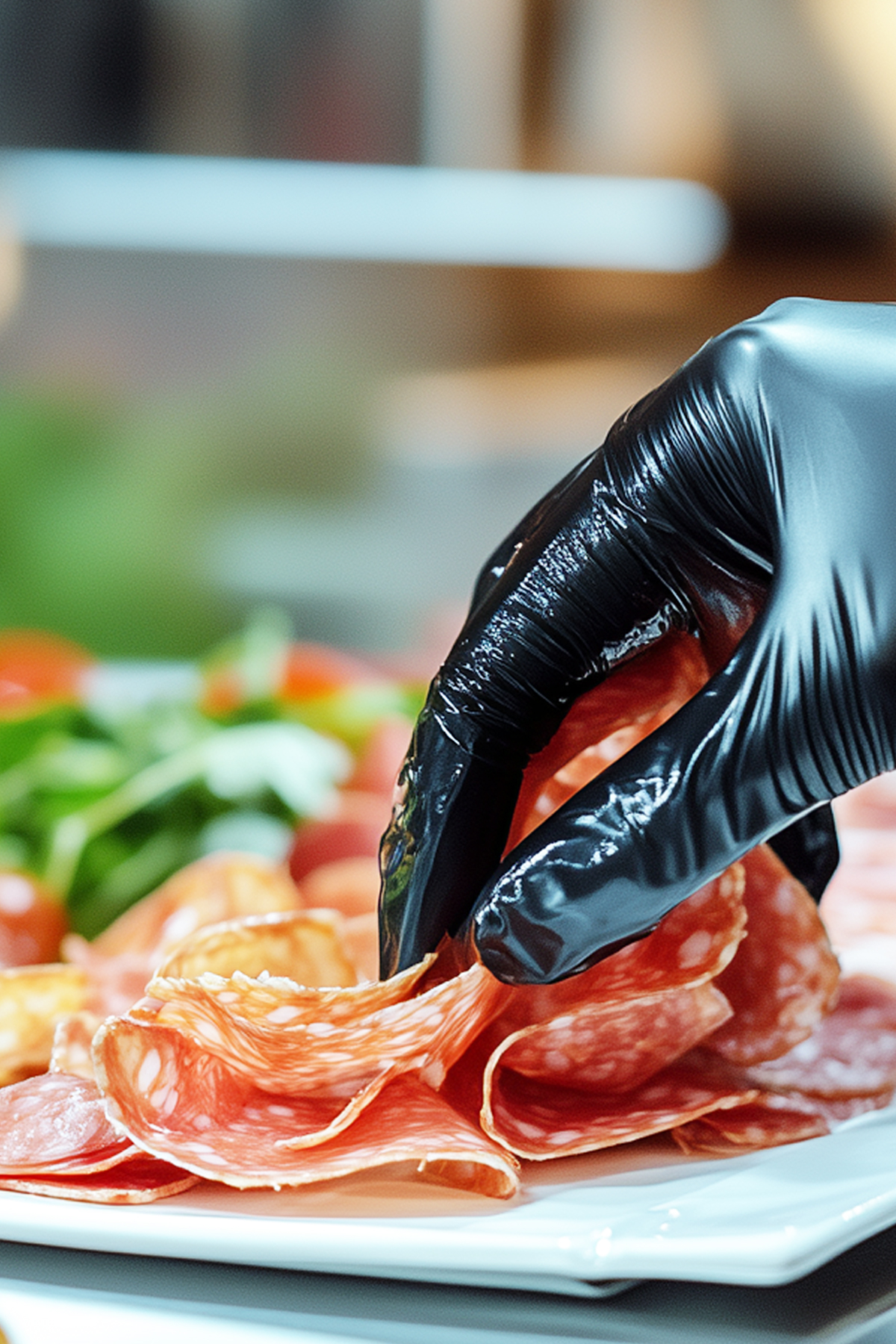 Behandschuhte Hand greift nach Salami