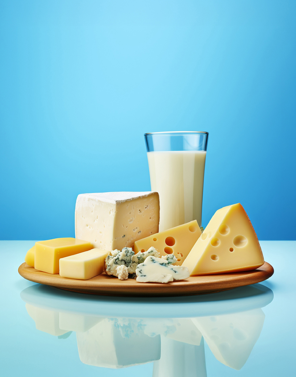 Diverse Käse mit einem Glas Milch