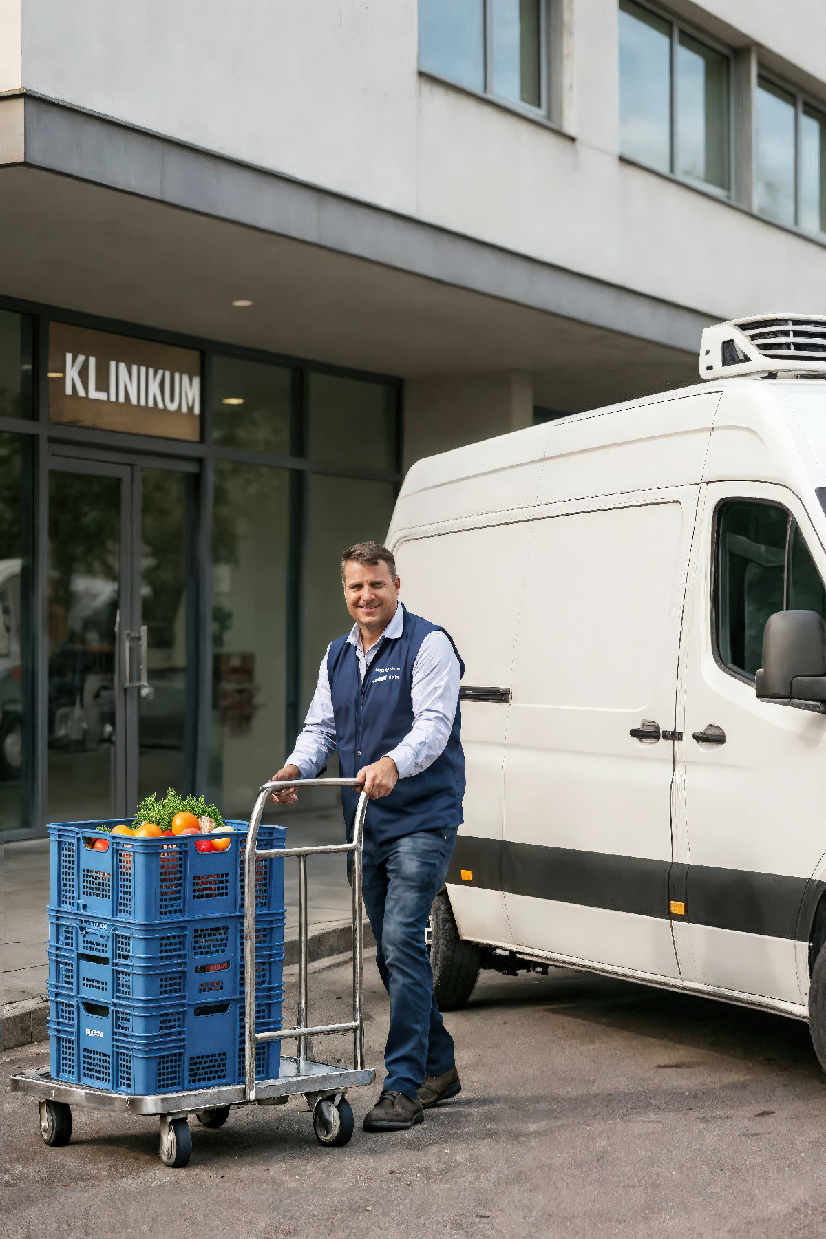 Ein LKW liefert Lebensmittel an ein Krankenhaus – Versorgung im Care-Foodservice.