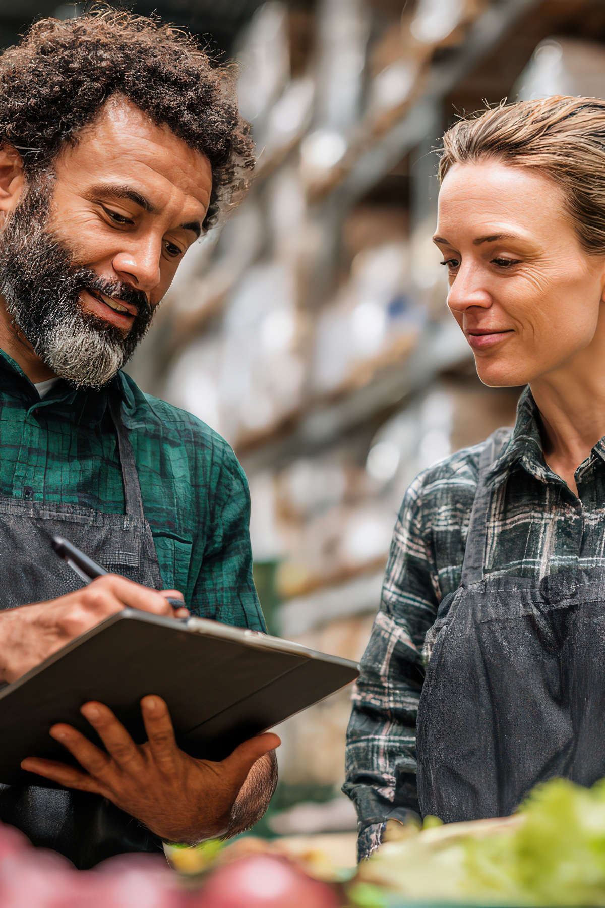 Ein Paar arbeitet gemeinsam im Lager einer Einkaufsgemeinschaft – Logistik und Planung bei CF Foodservice.