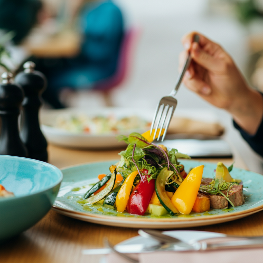 Person isst ein gesundes Gericht in einem Restaurant -CF-foodservice