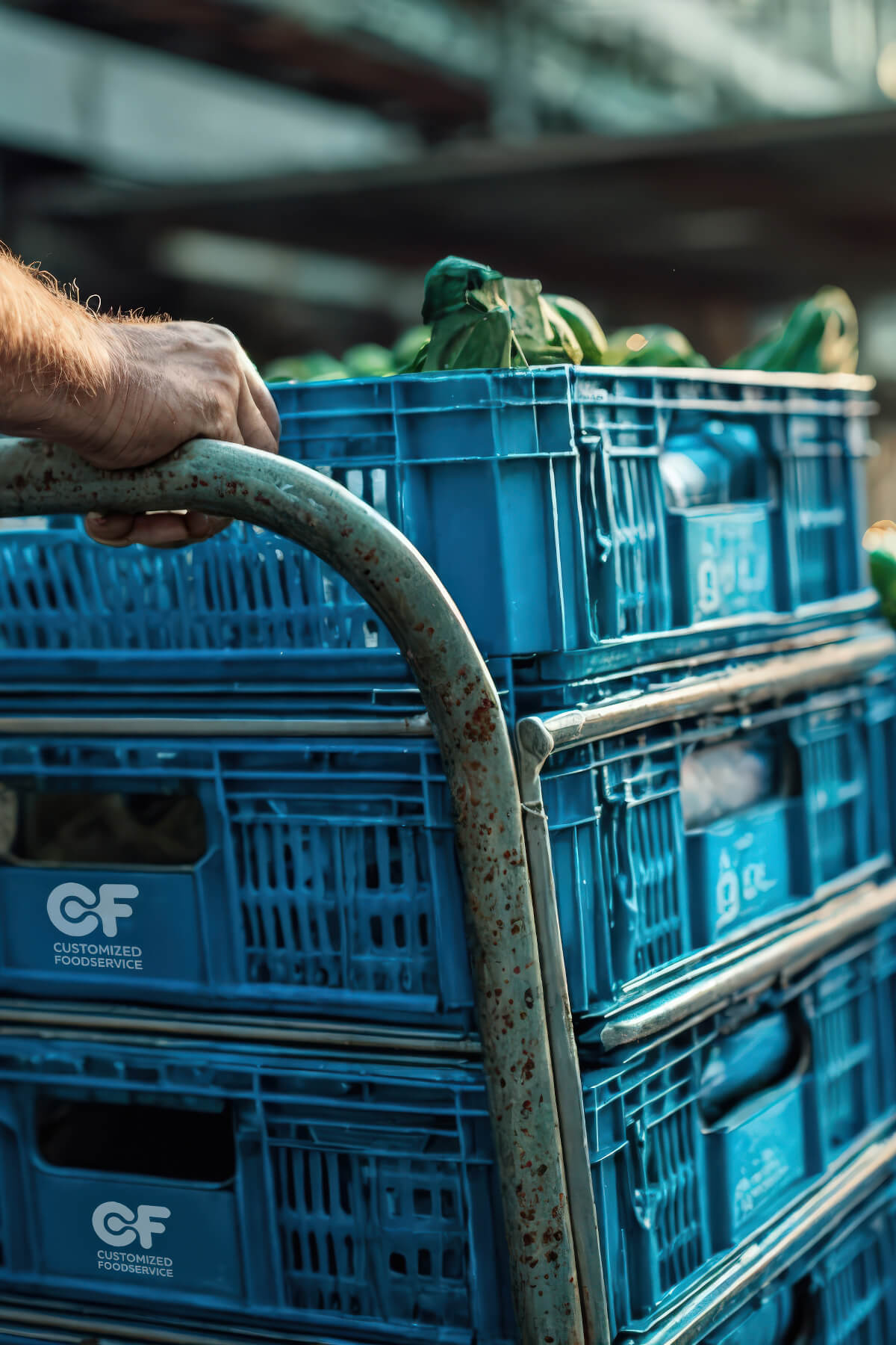 Lebensmittel werden mit einem Wagen transportiert – effiziente Logistik und Verteilung durch CF Foodservice.